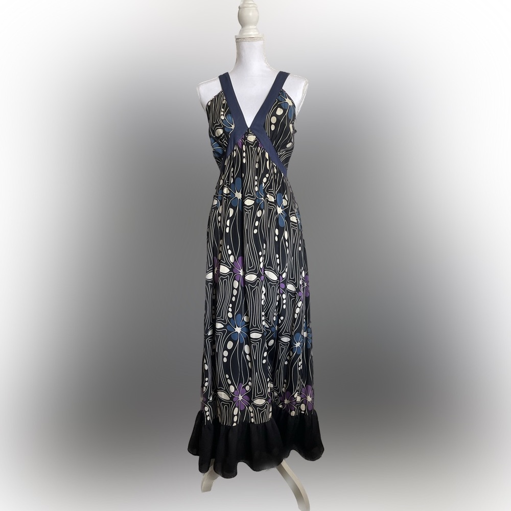 NWT Gracie 100% Silk Black Floral Dress Blue and Purple Flowers